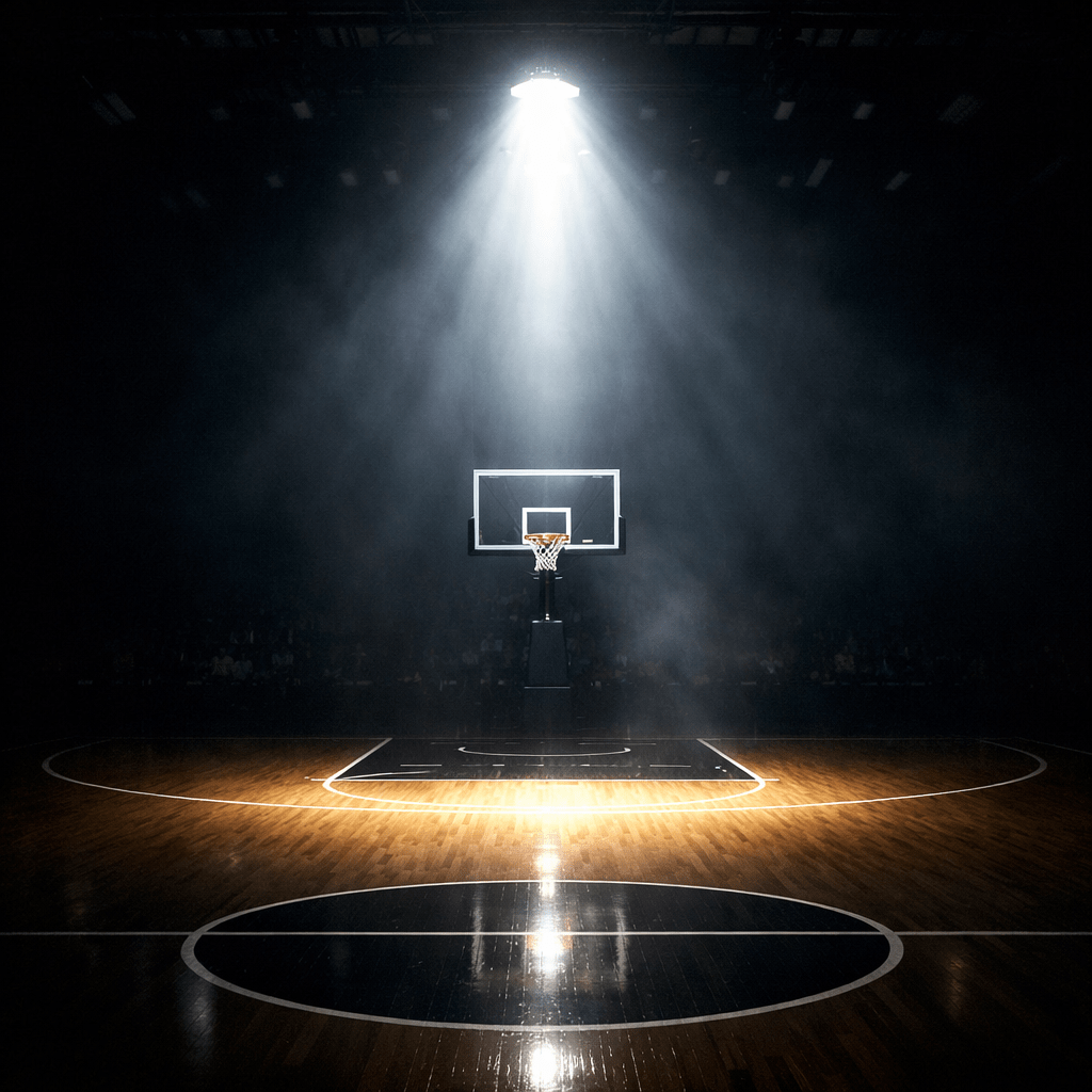 Basketball hoop and court lit by a bright spotlight in a dark gym